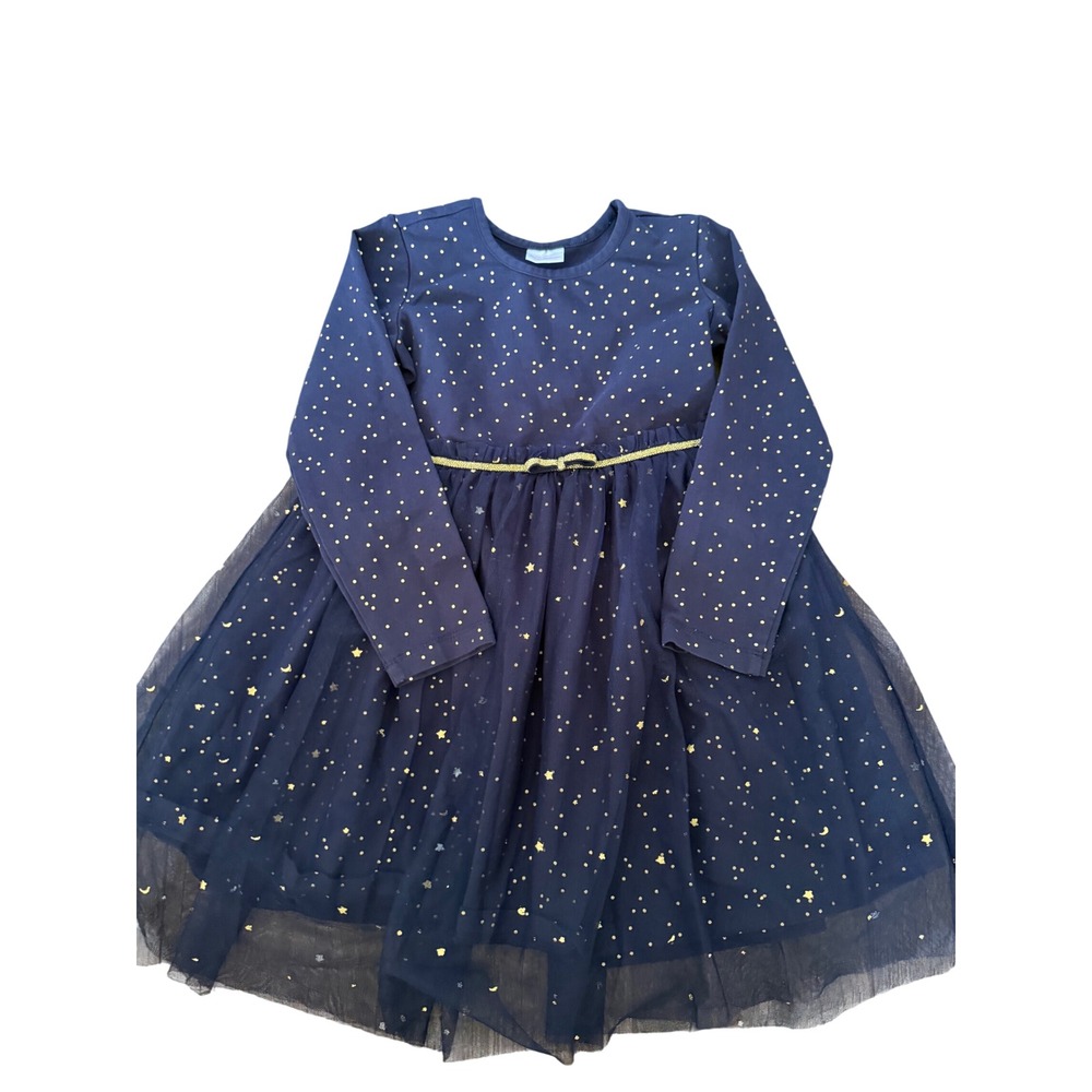 Hanna Andersson Starry Tulle Skirt Dress Kids 5 Navy Gold Glitter Long Sleeve
